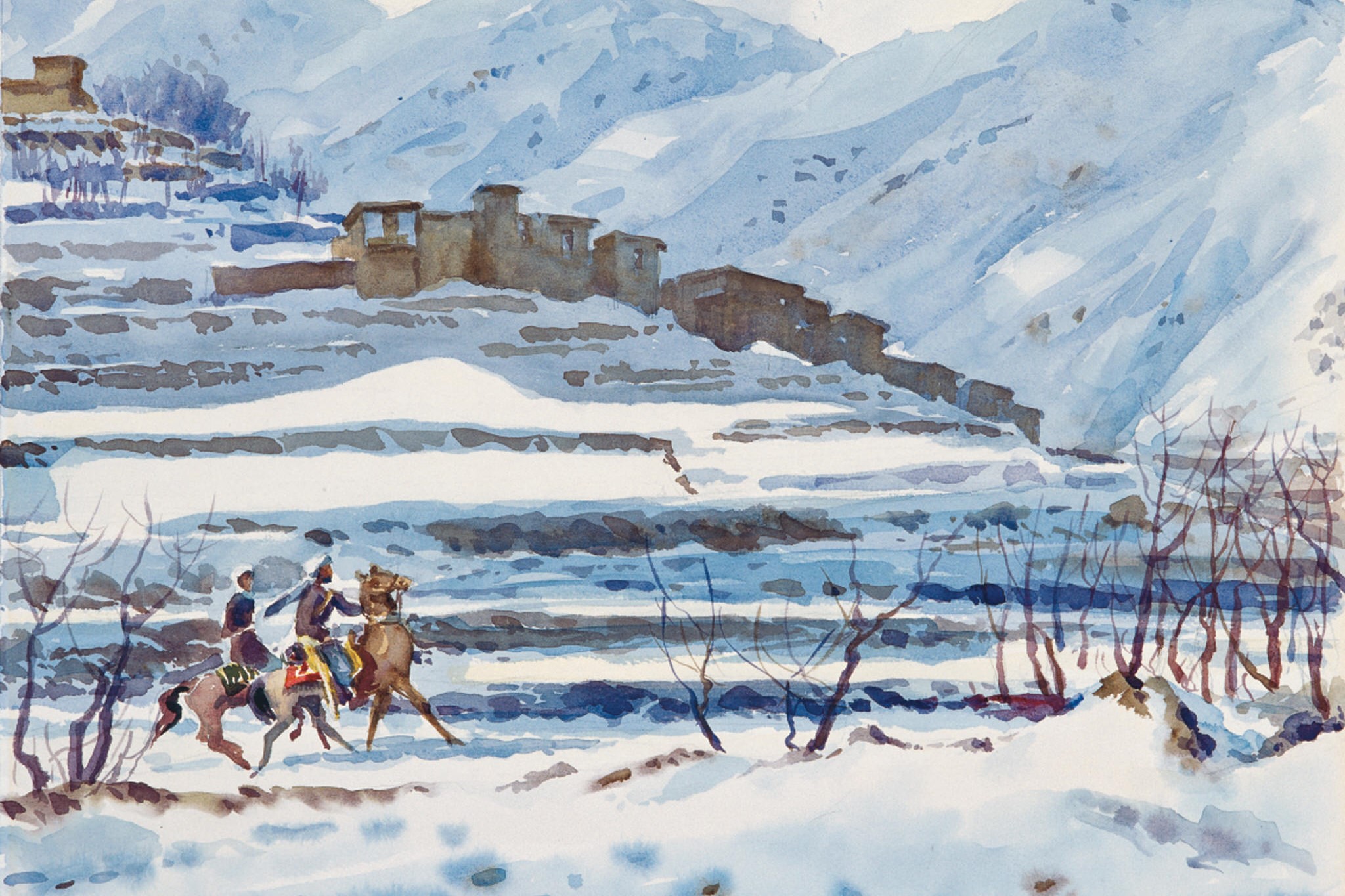 Eine winterliche Landschaft mit zwei Reitern auf Pferden, die durch einen verschneiten Talbereich reiten, während im Hintergrund ein traditionelles Gebäude auf einer erhöhten Stelle steht.